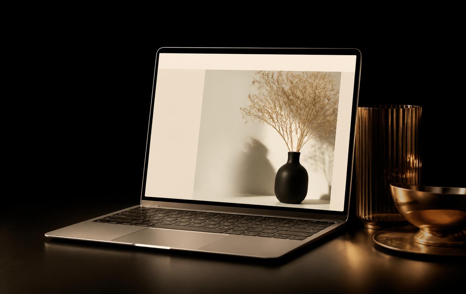 Ordenador portátil sobre una mesa oscura mostrando una página web elegante de tonos crema